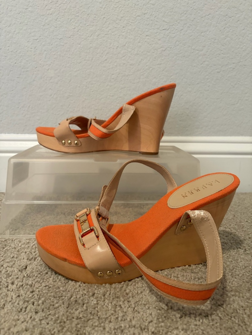 Lauren Ralph Lauren Orange and Tan Wedge Sandals with Gold Accents